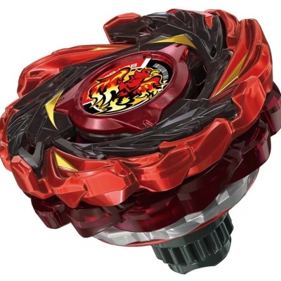 Red and black spinning top toy with flame emblem and yellow accents