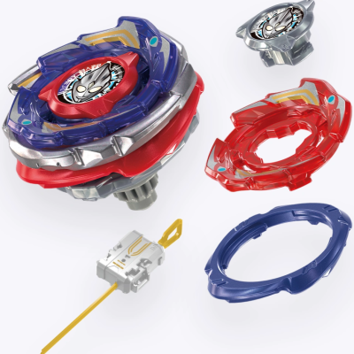 Multicolored plastic spinning top toy set with emblem and Japanese characters.