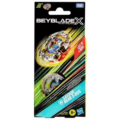 Embalagem do brinquedo Beyblade X Savage Bear S-60S em preto com giroscópio prateado colorido