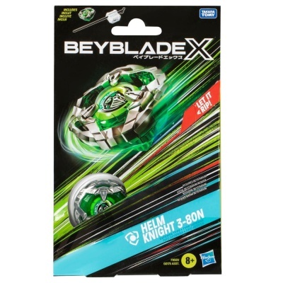 Embalagem do brinquedo BEYBLADE X com pião verde, branco e prateado e texto LET IT RIP!