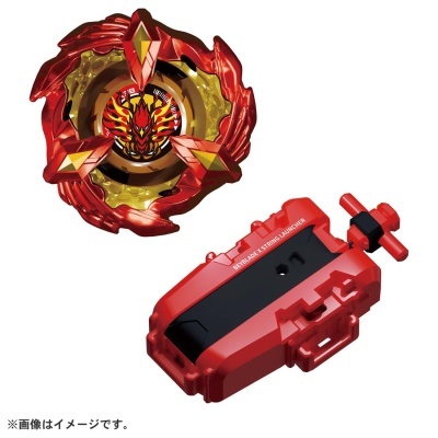 Beyblade top with red and gold design and string launcher