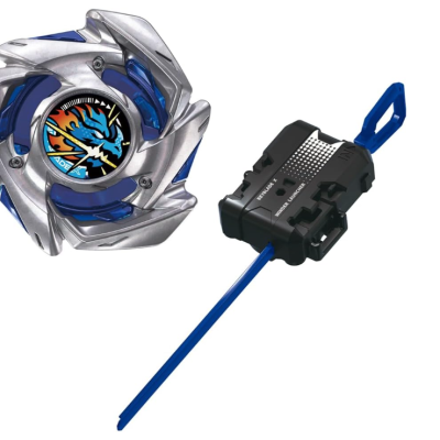 Spinning top toy with dragon design and matching launcher on white background