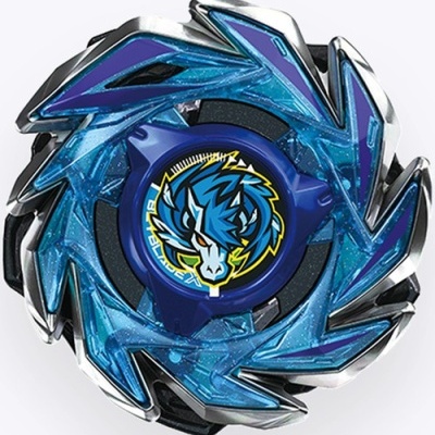 Blue and silver spinning top toy with dragon emblem and angular blades