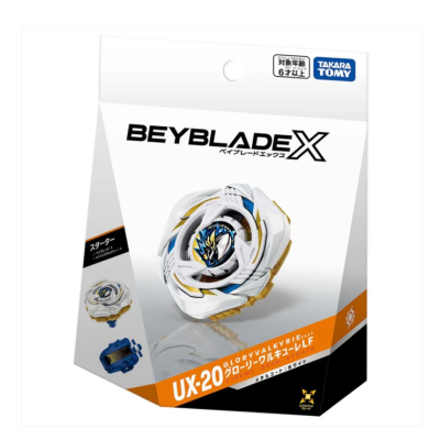 Beyblade X UX-20 GLORY VALKYRIE spinning top in white and gold on packaging
