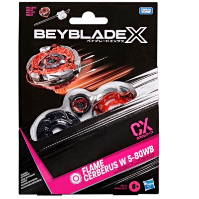Beyblade X Flame Cerberus toy packaging in black with red and silver parts