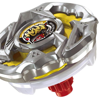 Beyblade toy with silver, yellow, and red colors and a BEYBLADE logo