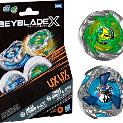 Beyblade Burst toy set packaging showing two spinning tops with distinct designs and colors.