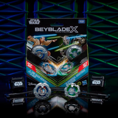 Star Wars Beyblade X toy set with spinning tops and launchers in packaging featuring Obi-Wan Kenobi and General Grievous