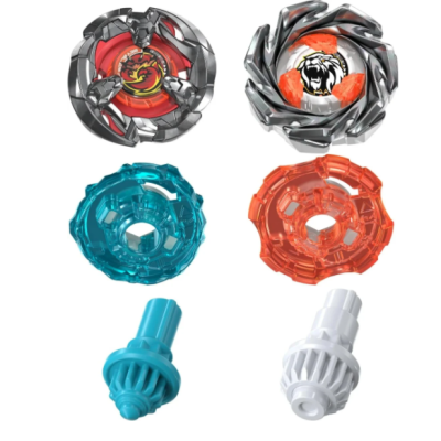 Two colorful spinning tops and two plastic spinning tips on white background