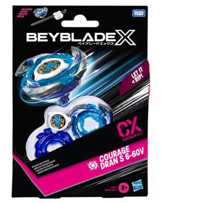 Brinquedo Beyblade X em embalagem preta com detalhes azuis e rosa