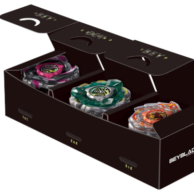 Beyblade spinning tops in black BEYBLADE X box with 1st, 2nd, 3rd compartments