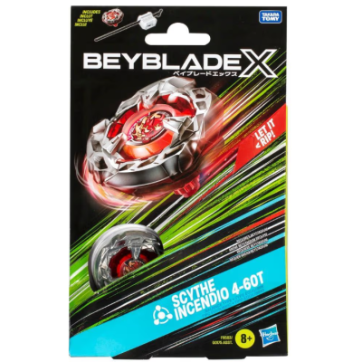 Brinquedo Beyblade X Scythe Incendio 4-60T em embalagem preta com detalhes coloridos