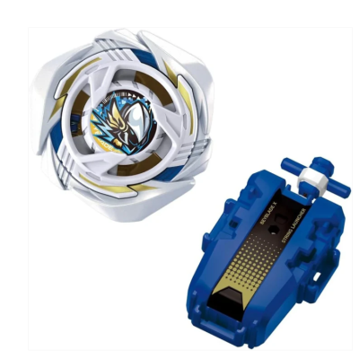 White blue gold spinning top with bird emblem and blue string launcher labeled BEYBLADE X