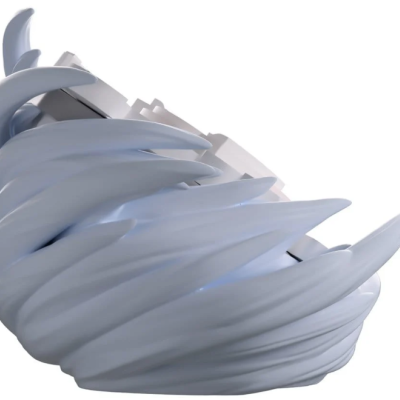 Spiral object made of smooth curved blades in light gray and white on a white background