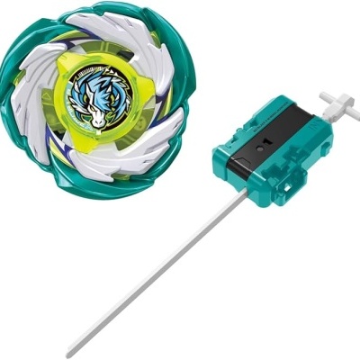 Lançador e pião verde, branco e amarelo com logótipo de dragão azul e branco