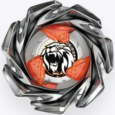 Disco Beyblade metálico cinza e preto com garras laranja e leão no centro