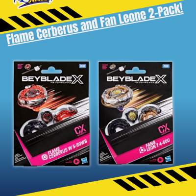 Two Beyblade X Flame Cerberus and Fang Leon spinning tops in retail packaging