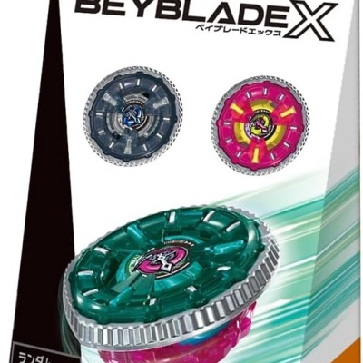 Embalagem BEYBLADE X com três peças giratórias coloridas
