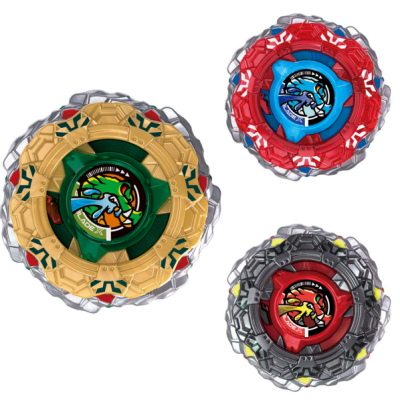 Three colorful Beyblade spinning tops with BLADE X emblems