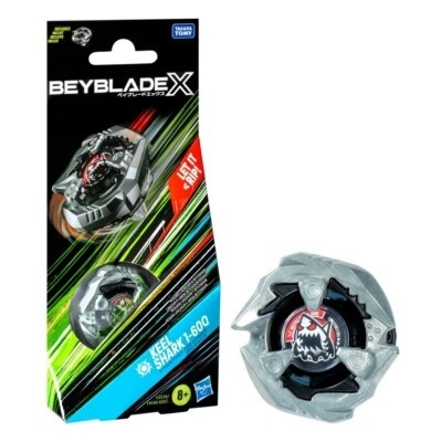 Beyblade metálico cinza com embalagem preta com texto e linhas coloridas
