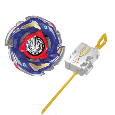 Blue, red, and silver spinning top toy with stylized face emblem and white launcher with yellow ripcord