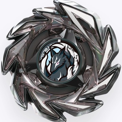 Beyblade metálica com lâminas prateadas e logo de lobo no centro
