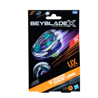 Embalagem de brinquedo Beyblade X UX Shadow Shinobi 1-80MN com dois tops prateados e coloridos