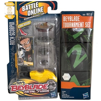 Conjunto Beyblade Metal Fusion com lanceur amarelo e embalagem colorida
