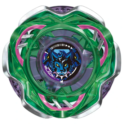 Peça de brinquedo giratória circular com desenho de lobo azul e texto BLADE