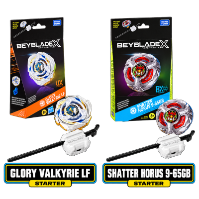 Beyblade X GLORY VALKYRIE LF and SHATTER HORUS 9-65GB starter packs with tops and launchers