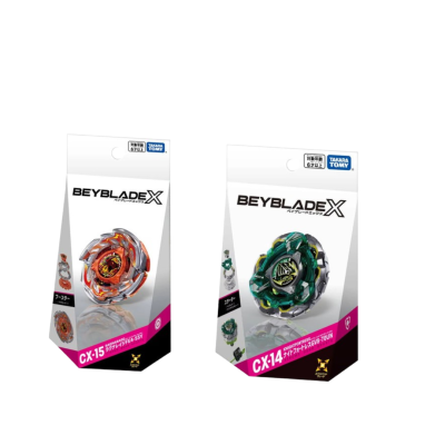 Two Beyblade X toy tops in packaging CX-15 and CX-14 by TAKARA TOMY