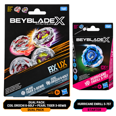 Beyblade X dual pack and starter pack toy packaging with spinning tops.
