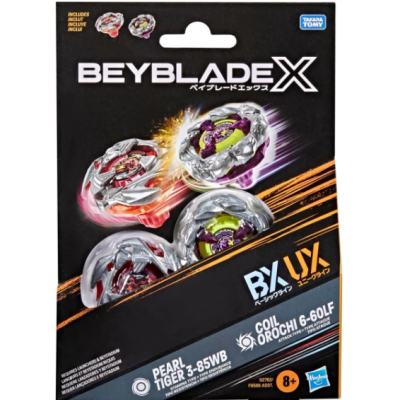Beyblade X toy set in black packaging with spinning tops and text