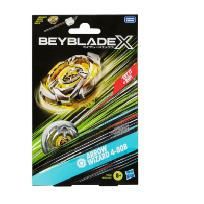 Embalagem de brinquedo Beyblade X com cores preto, amarelo e azul