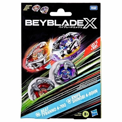 Embalagem de três piões Beyblade X com texto LET IT RIP!, BEAT TYRANNO e KNIFE SHINOBI