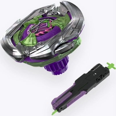 Beyblade prata, verde translúcido e roxo com motor de lançamento preto