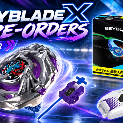 Beyblade X toy and launcher with BX-53 box on dynamic blue-purple background with promotional PRE-ORDER text