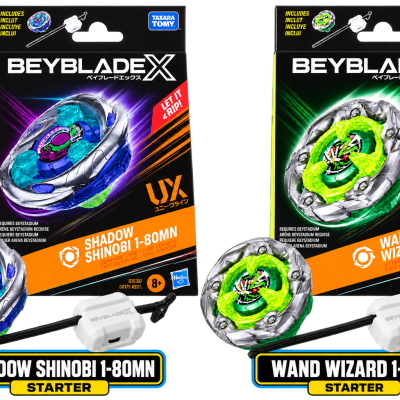 Beyblade X starter sets Shadow Shinobi 1-80MN and Wand Wizard 1-60R with white launchers and black ripcords in packaging