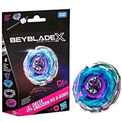 Beyblade X Delta Unicorn toy and packaging with blue, purple, and silver colors