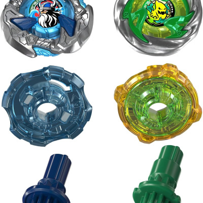 Two spinning tops with Viking and fiery face illustrations and their blue and green plastic parts