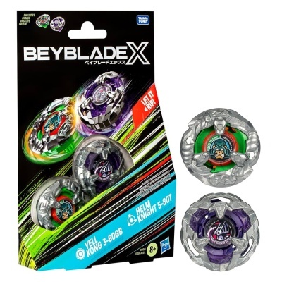 Embalagem de conjunto Beyblade X com três piões coloridos