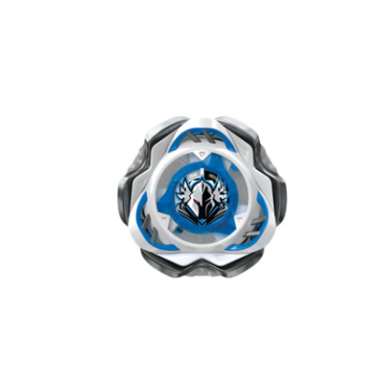 Beyblade com padrão azul, branco e preto, desenho central estilizado