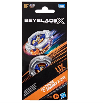 Beyblade X CURSE MUMMY 7.55W toy package with two silver and blue tops