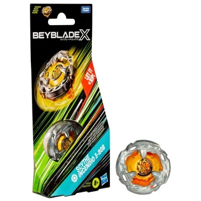 Pião BeybladeX prateado com detalhes laranja e embalagem colorida preta e verde