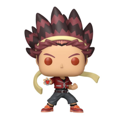 Figura Funko Pop de personagem com cabelo castanho e rosa, faixa amarela e roupa vermelha e preta
