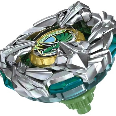 Beyblade metálico prateado com detalhes verdes e peça central dourada com texto