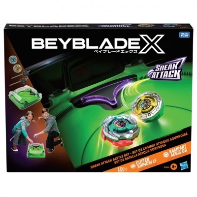Beyblade X Sneak Attack Battle Set box with two spinning tops, green and yellow, and kids playing