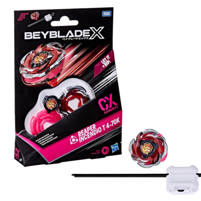 Brinquedo Beyblade X vermelho e cinza com lançador branco e preto em embalagem preta e rosa