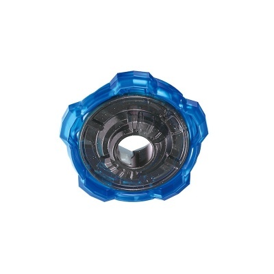 Round plastic toy part with blue edges and black maze-like center