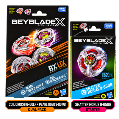 Two Beyblade X packages, one dual pack with orange and blue accents, one Shatter Horus starter pack with purple and blue accents.